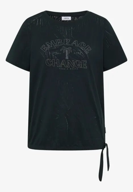 Schwarzes Kurzarm-Shirt mit seitlicher Zierschleife und Statement-Print 'Embrace Change'.