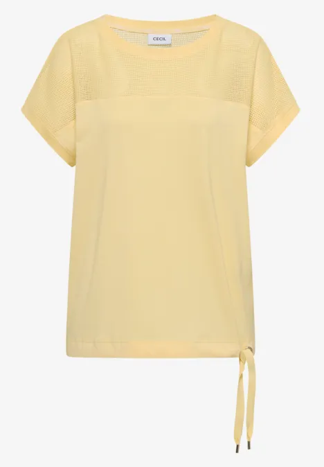 Geel T-shirt met korte mouwen, ronde hals en zijstrik, losse pasvorm.