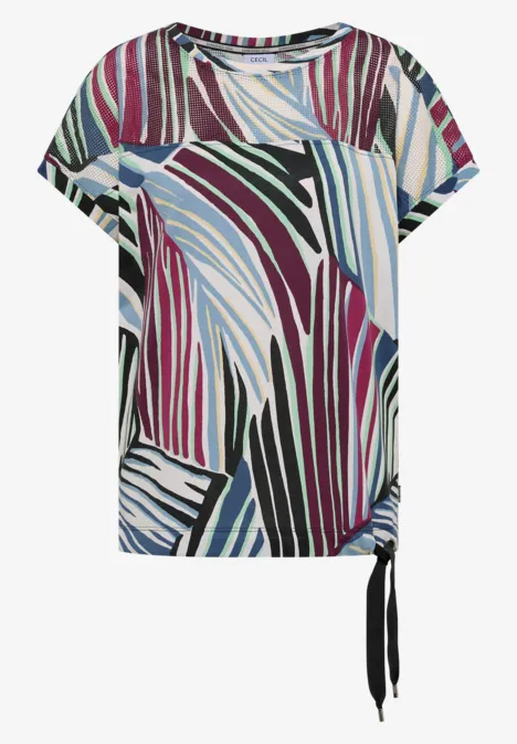 Lockeres Kurzarm-Shirt mit buntem, abstraktem Zebra-Print und seitlicher Schleife.