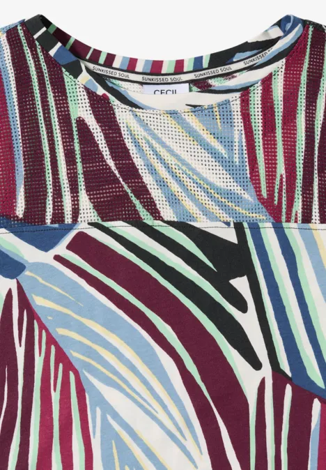 T-Shirt mit buntem, geometrischem Muster in Blau, Rot und Schwarz