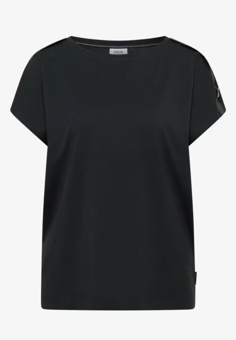 Schwarzes, kurzärmeliges Damen-Shirt mit weitem Rundhals-Ausschnitt und lockerem Schnitt.