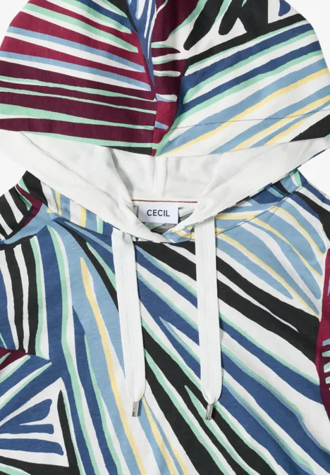 Bunter Kapuzenpullover mit diagonalen Streifen in Rot, Blau, Grün und Weiß, Tunnelzug und Label 'CECIL'.