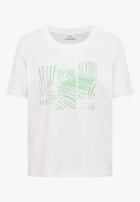 Weißes, kurzärmeliges T-Shirt mit grünem, abstraktem Linien- und Flächenprint auf der Vorderseite.