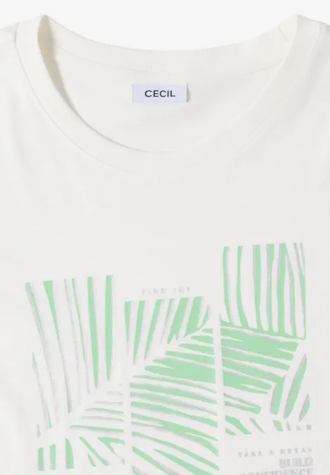 Weißes T-Shirt mit grünem Palmblatt-Muster in vier quadratischen Abschnitten.