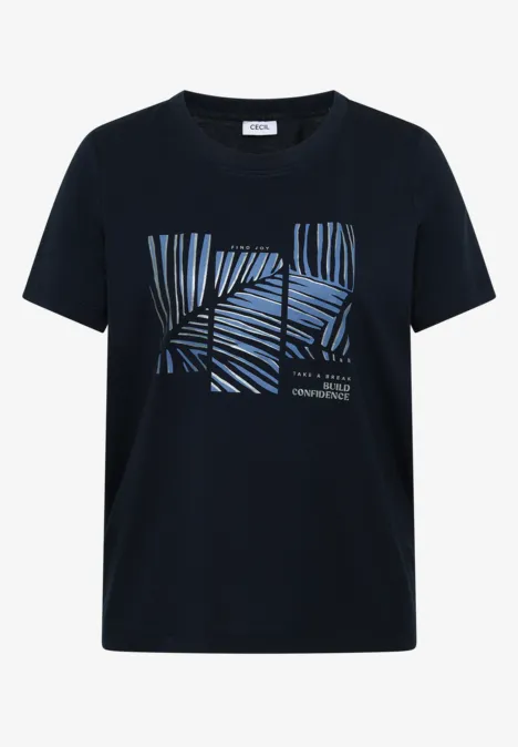 Schwarzes Kurzarm-T-Shirt mit blauem, abstraktem Grafik-Print auf der Vorderseite.