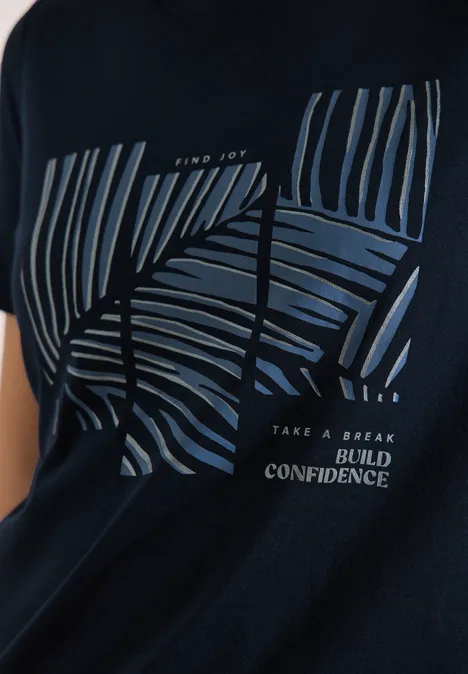 Schwarzes T-Shirt mit gestreiftem Blatt-Print und Schriftzug "FIND JOY", "TAKE A BREAK", "BUILD CONFIDENCE"