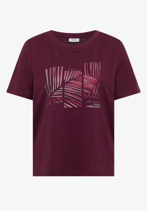 Bordeauxfarbenes T-Shirt mit kurzem Arm und abstraktem Palmenblatt-Print in Hellrosa