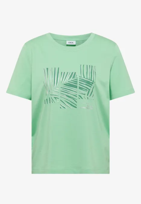 Mintgrünes T-Shirt mit quadratischem Palmblätter-Print in verschiedenen Grüntönen.
