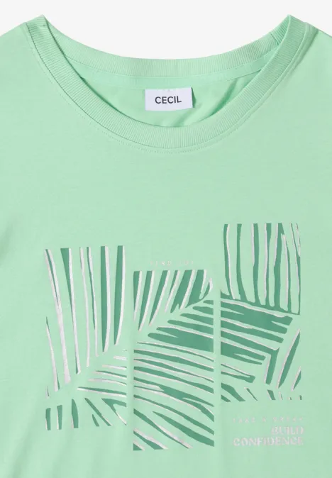 Mintgrünes T-Shirt mit abstraktem Palmenblatt-Print in Weiß und Silber.