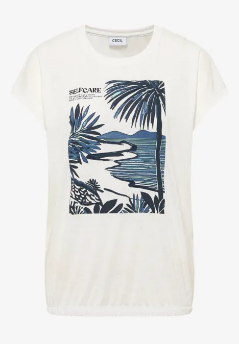 Witte T-shirt met blauwe tropische print: palmbomen en zee in een grafisch kader.