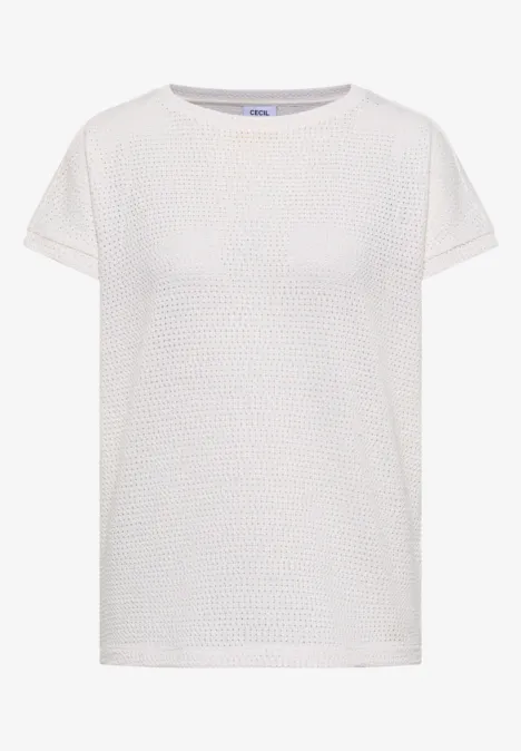 T-Shirt mit Boatneck im Ajour-Look vanilla white Weißes T-Shirt mit Waffelstruktur, kurzen Ärmeln und Rundhalsausschnitt