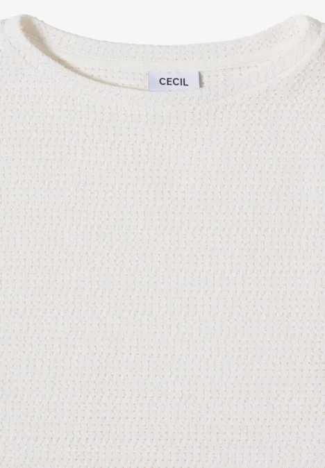 T-Shirt mit Boatneck im Ajour-Look vanilla white Weißes Feinstrick-Oberteil mit Rundhalsausschnitt und Label „CECIL“.