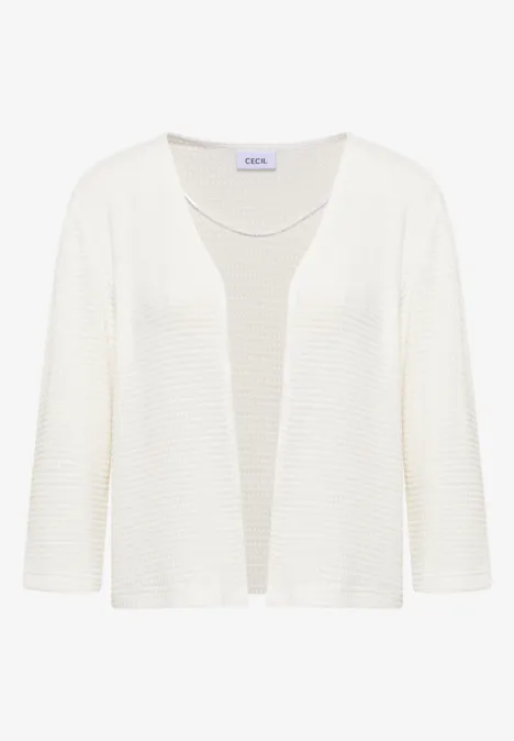 Witte opengebreide cardigan met driekwartmouwen en fijne ribstructuur.