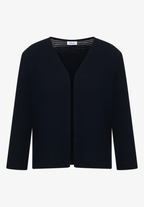 Offene 3/4-Arm Jacke im Ajour-Look universal blue Schwarze, elegante Damenstrickjacke mit offenem Schnitt und mittlerer Länge.