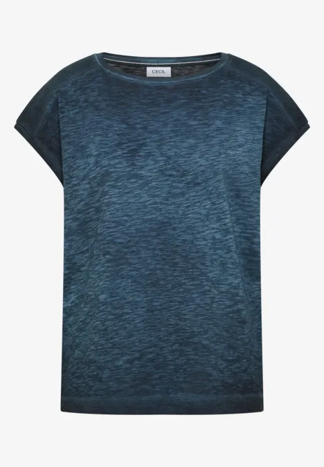 Shirt met boothals in garment-dye look universal blue Dames T-shirt in donkerblauw met gemêleerd patroon, korte mouwen en ronde hals.