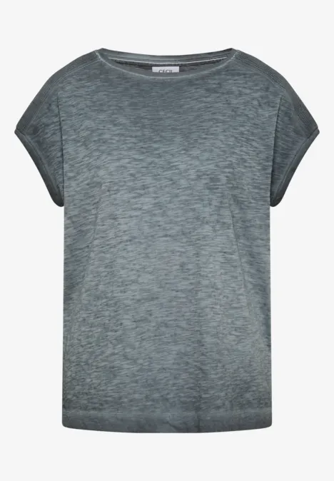 Graues, kurzärmeliges, locker geschnittenes Damen-T-Shirt mit Rundhalsausschnitt.