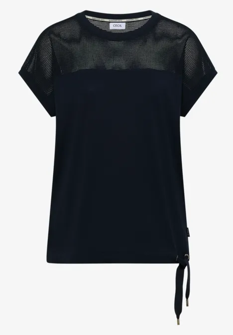 Donkerblauw T-shirt met korte mouwen, zwart mesh inzetstuk bovenaan en een sierstrik aan de zijkant.