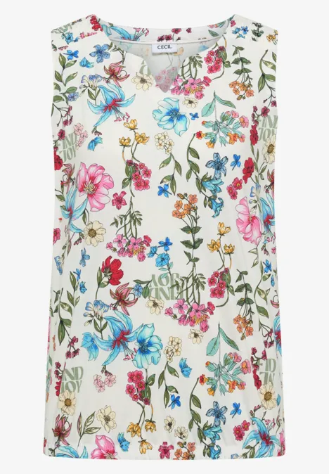 Mouwloos, wit topje met kleurrijk bloemenprint, ronde hals en een lichte, comfortabele pasvorm.