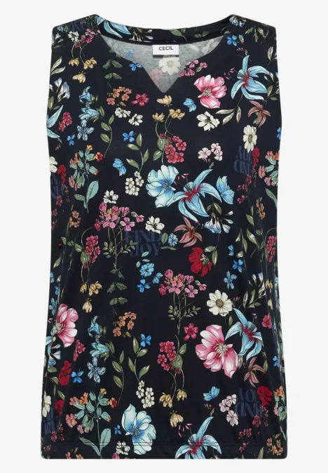 Top mit Split Neck und Raffung universal blue Ärmelloses, schwarzes Top mit buntem Blumenmuster.