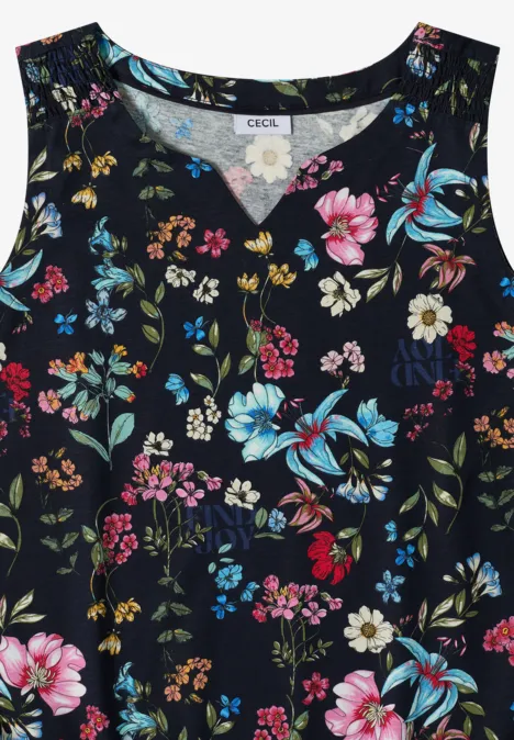 Top mit Split Neck und Raffung universal blue Ärmelloses Damen-Top mit buntem Blumenmuster auf dunklem Hintergrund.