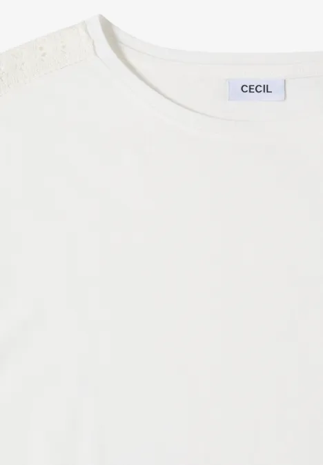 T-Shirt mit Crochet-Details vanilla white Weiße Damen-Tunika mit Rundhalsausschnitt, Spitzen-Detail am Schulterbereich und CECIL-Label im Nacken.