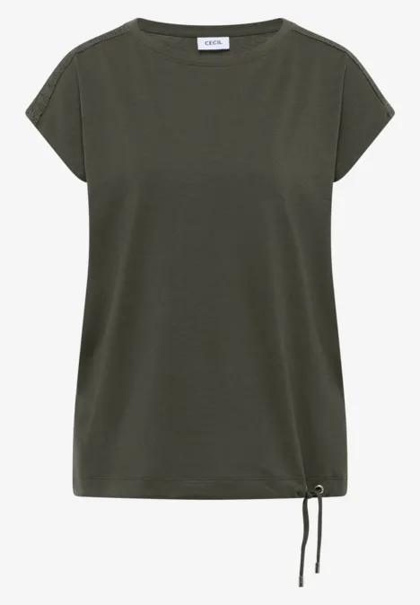 T-Shirt mit Crochet-Details khaki Olivgrünes, locker geschnittenes Damen-Shirt mit kurzen Ärmeln und seitlicher Kordel am Saum.