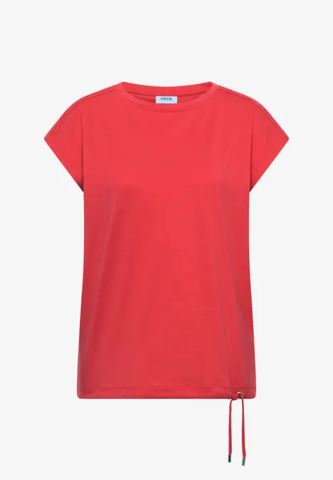 T-Shirt mit Crochet-Details coral Rotes T-Shirt mit kurzen Ärmeln und verstellbarem Kordelzug am Saum.