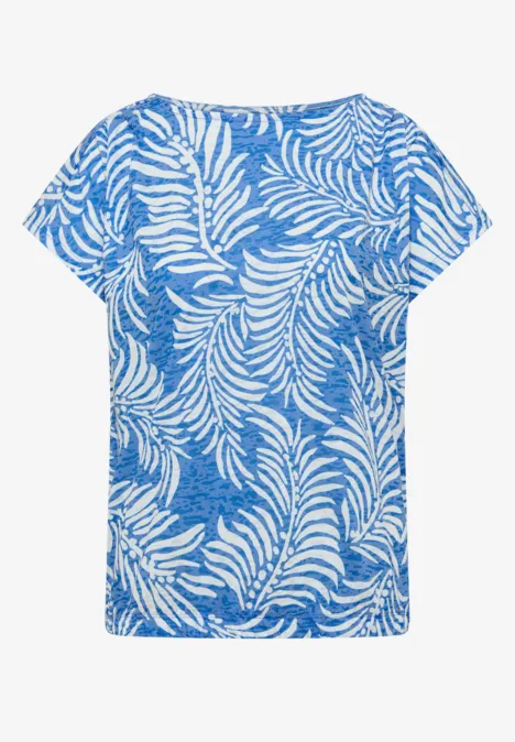 T-shirt à l'effet dévoré null Bluse mit rundem Ausschnitt, blau mit weißem tropischem Blattmuster