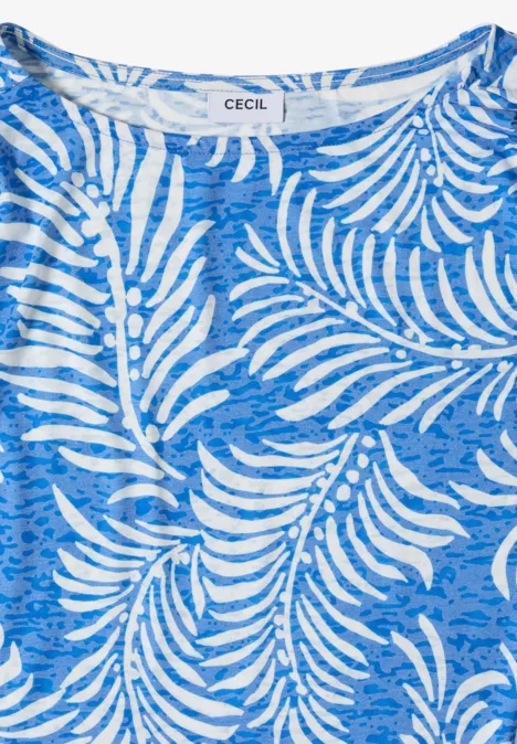 T-shirt à l'effet dévoré null Blaues T-Shirt mit weißem Farnblatt-Print und Rundhalsausschnitt von CECIL.