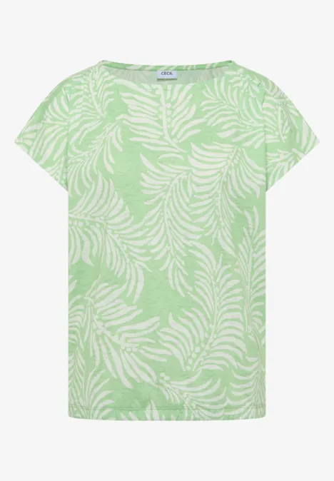 Hellgrünes Kurzarmshirt mit weißem Blattmuster.
