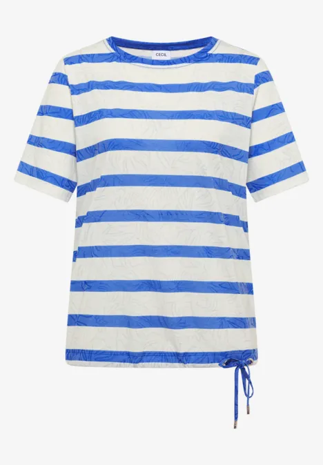Shirt met burn-out look surf blue Wit T-shirt met blauwe horizontale strepen, korte mouwen en een aantrekkoord aan de zijkant.