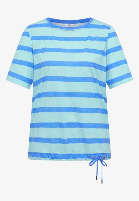 Shirt met burn-out look null Korte mouw T-shirt met lichtblauwe en turquoise strepen en zijwaarts verstelbaar koord