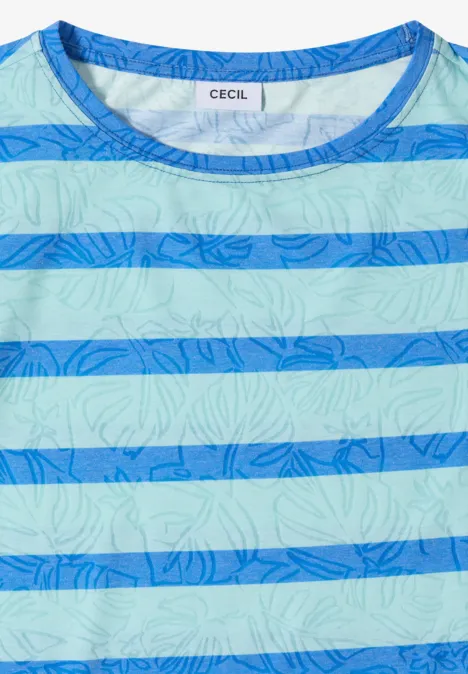 Shirt met burn-out look null Licht T-shirt met brede turquoise en lichtgroene strepen en een subtiel bloemenpatroon.