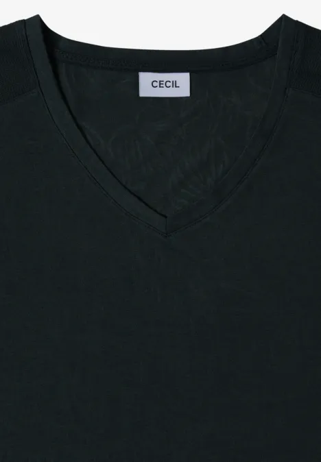 Shirt met ton-sur-ton burn-outpatroon palm breeze green Opgevouwen zwart V-hals T-shirt met CECIL-label.
