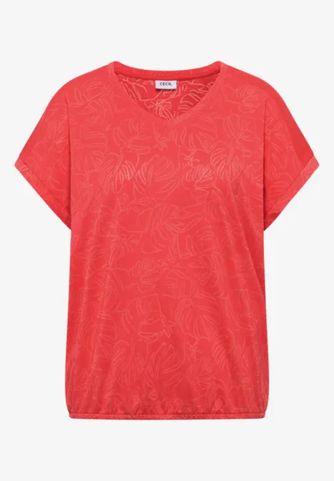 Rotes Damenshirt mit floralem Muster, weitem Schnitt und elastischem Saum.