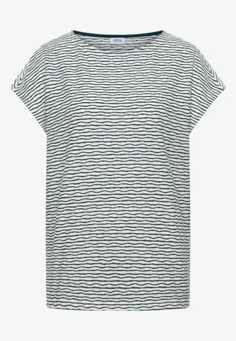 Weiß-blau gestreiftes, kurzärmeliges T-Shirt mit Rundhalsausschnitt.