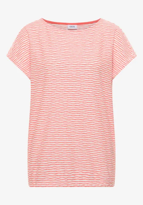 Lockeres Damen-T-Shirt mit kurzen Ärmeln und zarten rosa-weißen Streifen.