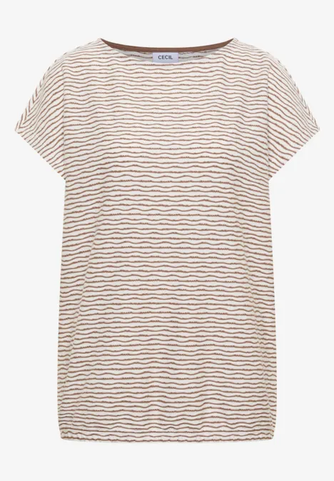 T-shirt léger à rayures brunes pour femme, manches courtes et encolure arrondie.