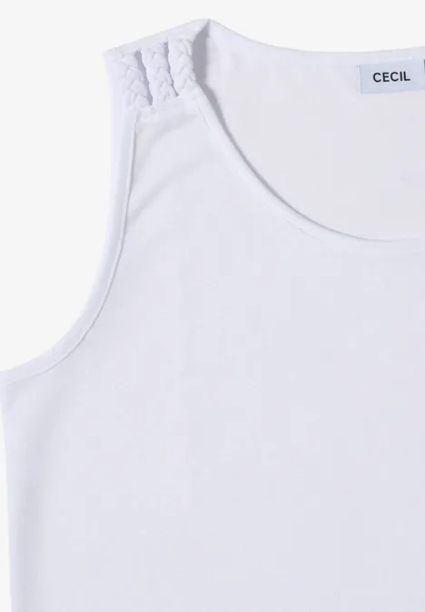 Top avec col en V arrondi et détail tressé White Débardeur blanc avec délicate dentelle sur l'épaule.