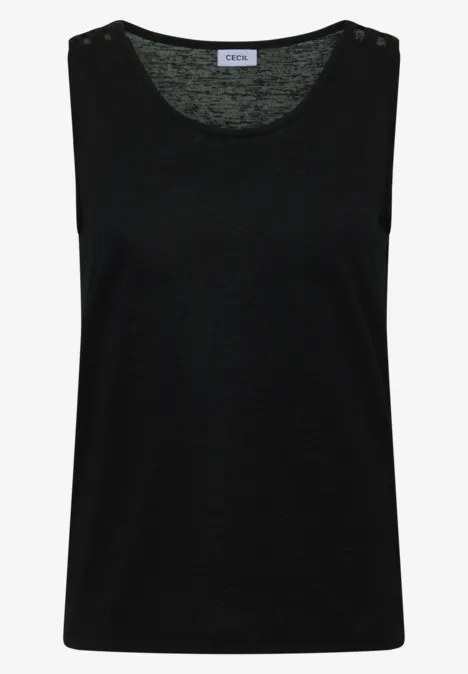 Top met ronde V-hals en gevlochten detail Black Effen zwart mouwloos topje met ronde halslijn.