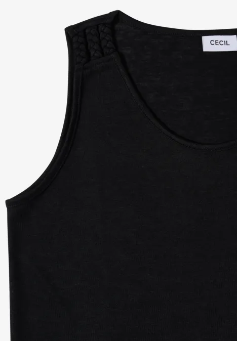 Top met ronde V-hals en gevlochten detail Black Zwart mouwloos topje met ronde hals, sierstiksels op de schouder en zichtbaar label aan de binnenkant.