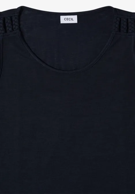 Top met ronde V-hals en gevlochten detail universal blue Donkerblauw T-shirt met ronde hals en fijne kanten details op de schouders.