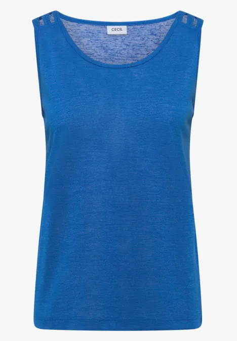 Top avec col en V arrondi et détail tressé surf blue Débardeur féminin bleu vif, sans manches, en tissu léger, avec encolure arrondie, style épuré.