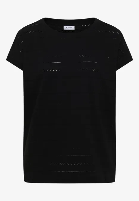 Schwarzes Strickshirt mit kurzen Ärmeln und dezentem Lochmuster