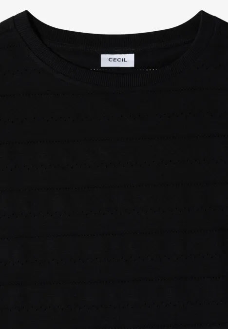 Schwarzes, kurzärmeliges Oberteil mit Rundhalsausschnitt und feiner Struktur, Markenlabel 'CECIL'.