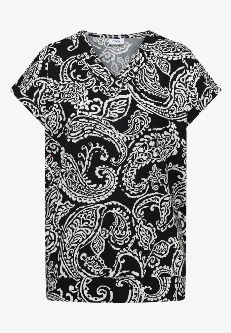 T-Shirt mit V-Neck und Print Black Schwarze Bluse mit weißem Paisley-Muster, V-Ausschnitt und kurzen Ärmeln.