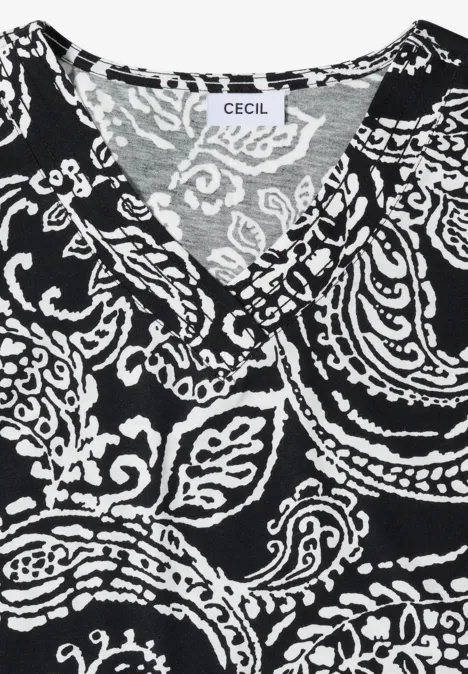 T-Shirt mit V-Neck und Print Black Schwarzes Damen-Shirt mit weißem Paisley-Muster und V-Ausschnitt, von CECIL.