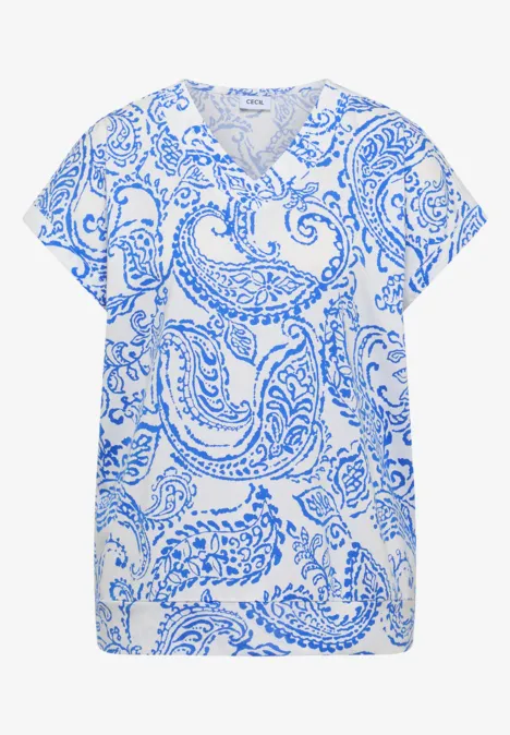 T-Shirt mit V-Neck und Print vanilla white Weißes T-Shirt mit V-Ausschnitt und blauem Paisley-Muster.