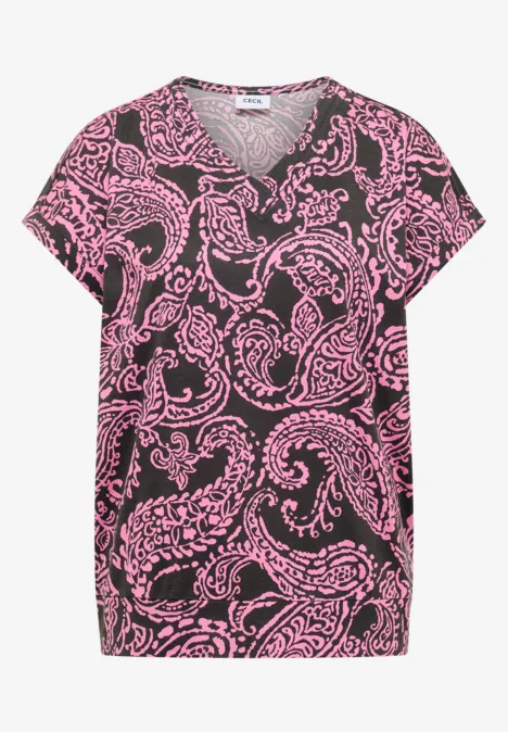 T-Shirt mit V-Neck und Print raw khaki Kurzarmshirt mit V-Ausschnitt, schwarz mit pinkem Paisley-Muster.