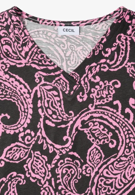 T-Shirt mit V-Neck und Print raw khaki Damen-Oberteil mit V-Ausschnitt, dunkelbraunem Grund und rosa Paisley-Muster, Marke Cecil.